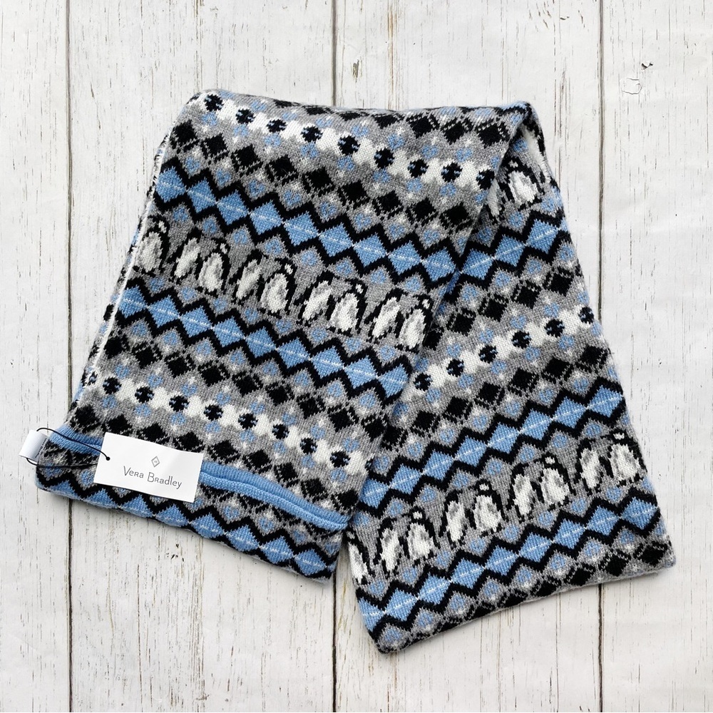 Vera Bradley Womens Cozy Cowl Playful Penguins Print Blue Knit Soft Scarf